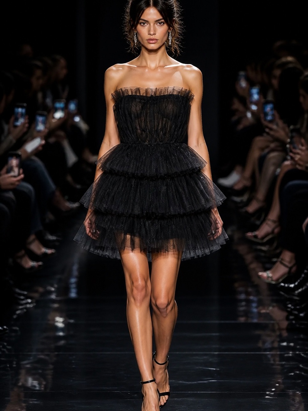 Black Strapless Tiered Tulle Mini Dress